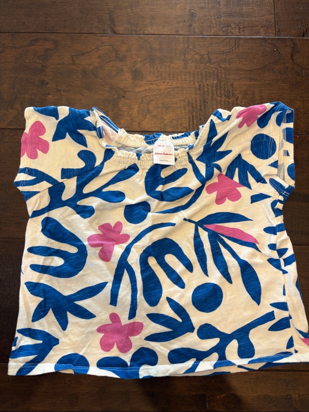 Hanna Andersson Cream Tee with Bold Blue & Pink Floral Print